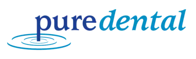 Pure Dental logo featuring blue water ripple design and company name text.