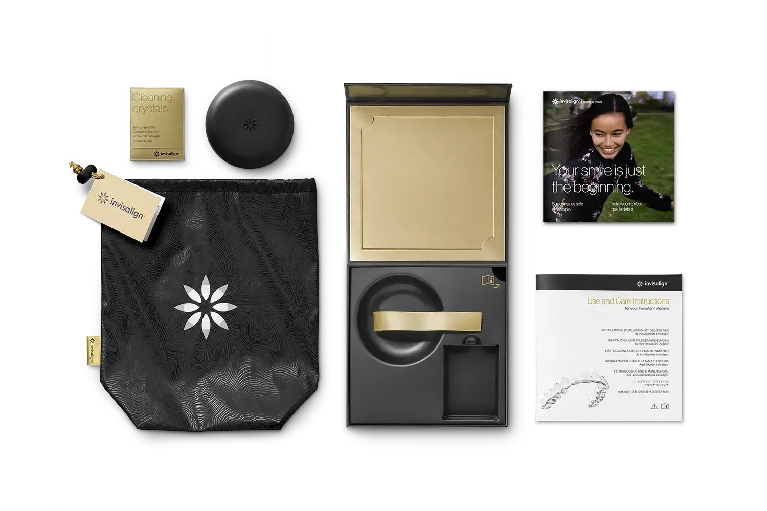 Invisalign patient welcome kit contents including aligners case, cleaning crystals, black storage pouch, care instructions,.